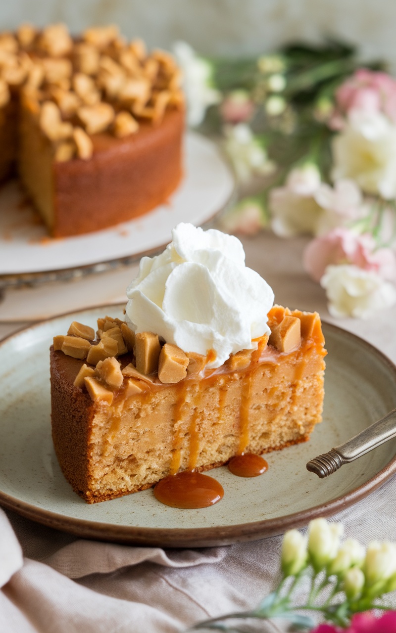 A slice of keto toffee cake topped with whipped cream and caramel on a rustic plate.